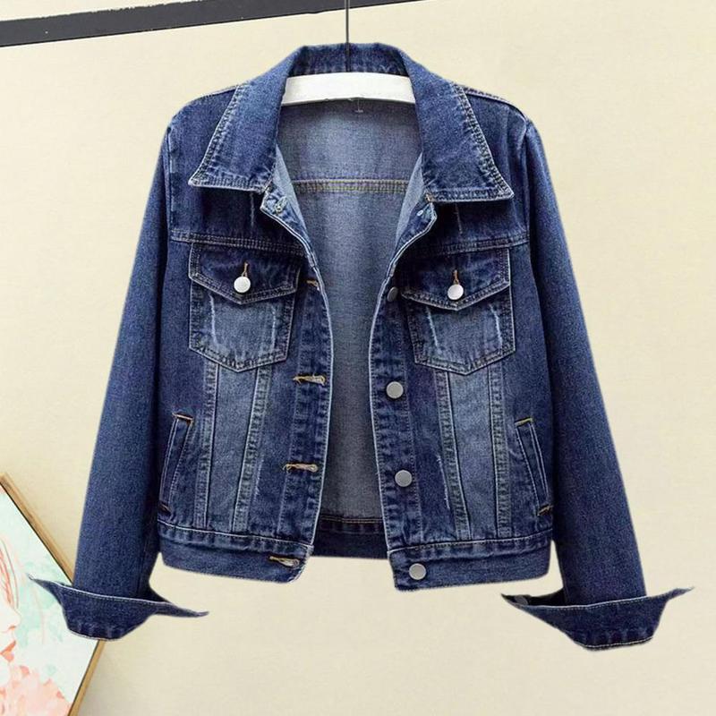 Product Introduction of Women Denim Jacket Single-breasted Chest Flap Pocket Jacket Long Sleeve Slim Short Coat Retro Ladies Denim Jackets Outerwear 5
