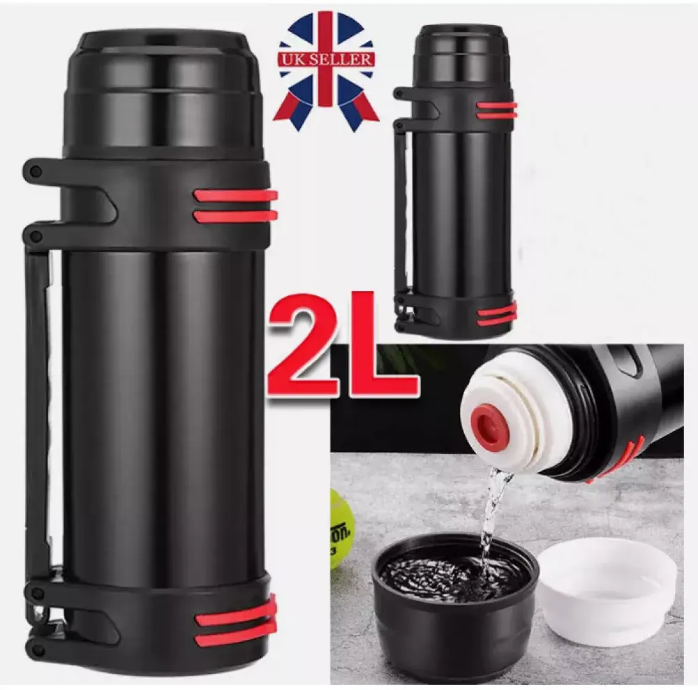 2L Thermo Flask Stainless Unbreakable Vacuum Handle Drinks Bottle Leak-Proof UK - Insulated - Drinkware