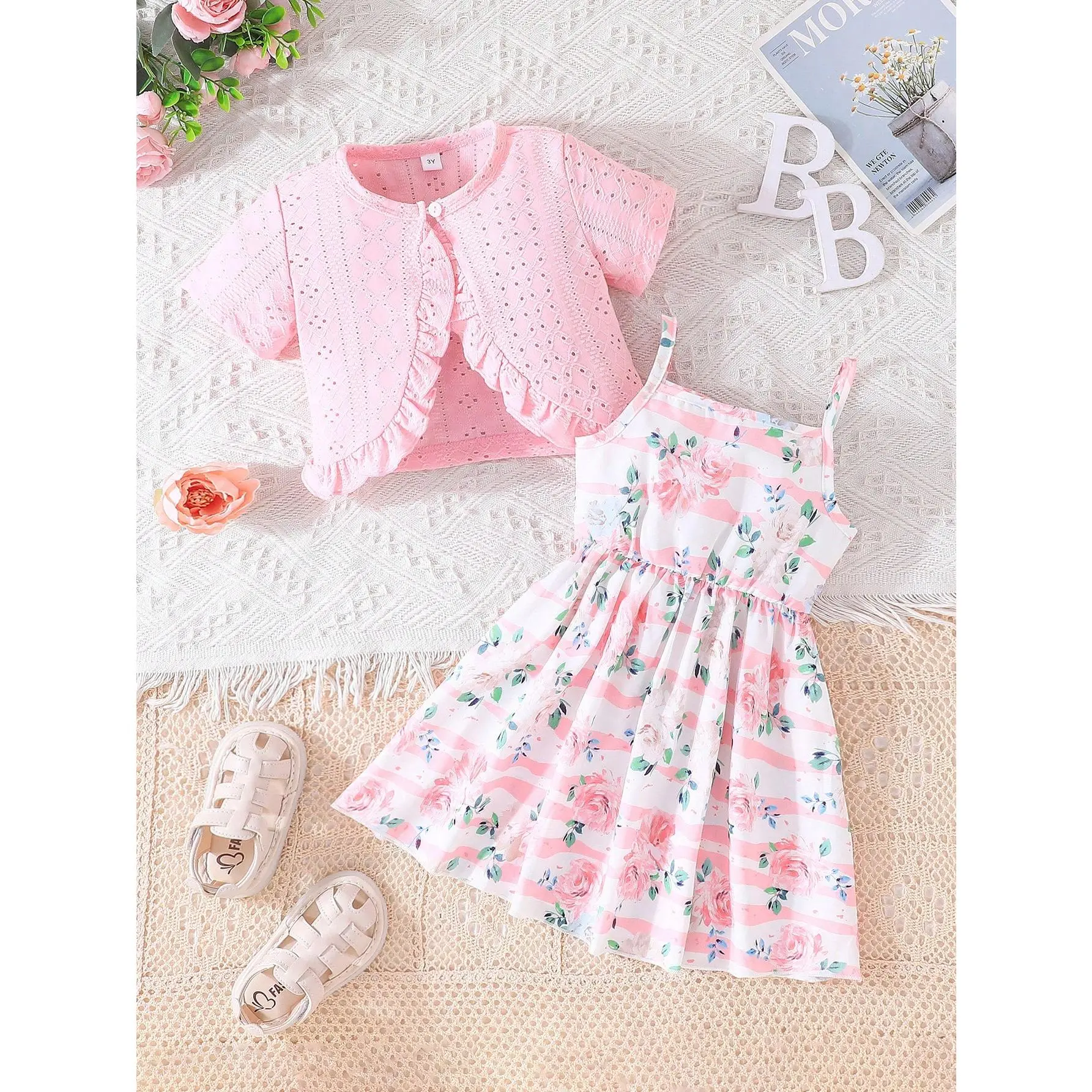 2pcs Young Girls' Casual And Adorable Outfit, Including Breathable Ruffle Top And Flower Printed Cinching Waist Sundress For Spring And Summer