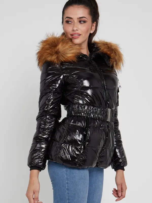 Love Sunshine Shiny Belted Puffer Coat with Faux Fur hood Fitted Pocket Jacket Women Womenswear Outerwear 1