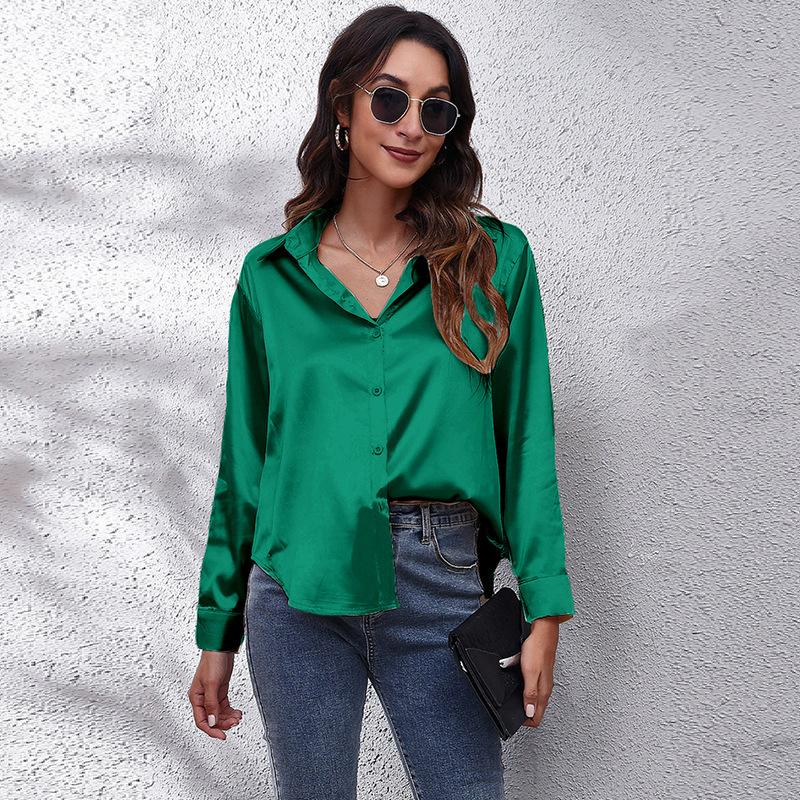 Product Introduction of Women's Satin Satin Imitation Silk Long Sleeved Shirt Elegant V-neck Retro Style Multicolor Shirt Top-Looki Ngi 22