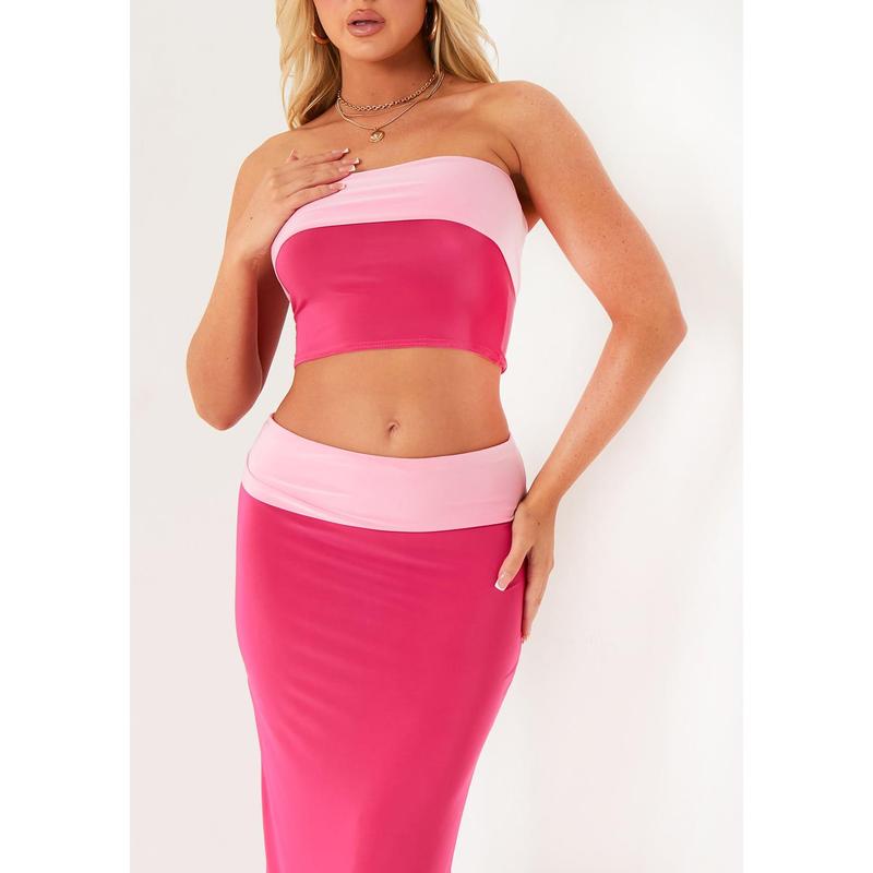 Claire Pink Contrast Fold Over Maxi Skirt 3