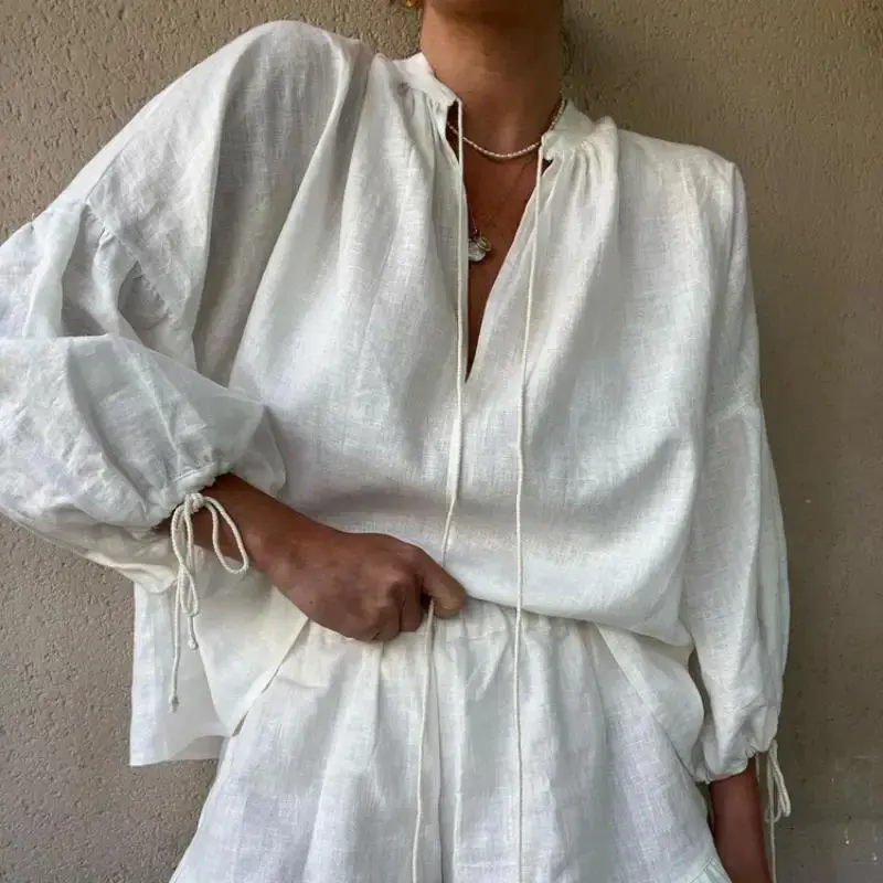 White V-neck Long Sleeve Lace Up Blouse Shorts Sets Women Lace Up Shirt Elastic Waist Shorts Suit Summer Casual Vacation Outfits 5