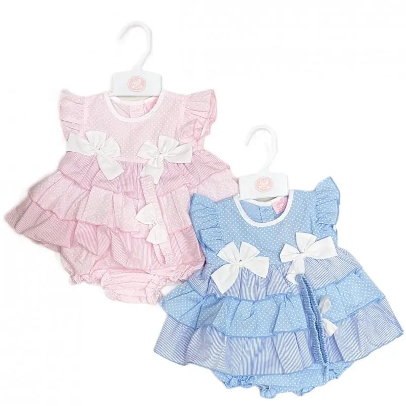 Baby Girls Summer Dress Set, Dress Panties and Headband, Spanish Style, Frilly, Bows, Pink or Blue Newborn to 9 Months