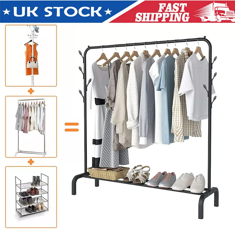 Double Clothes Rail Garment Coat Hanging Display Stand Shoes Rack With Wheels UK durable universal drying racks clothrack horse