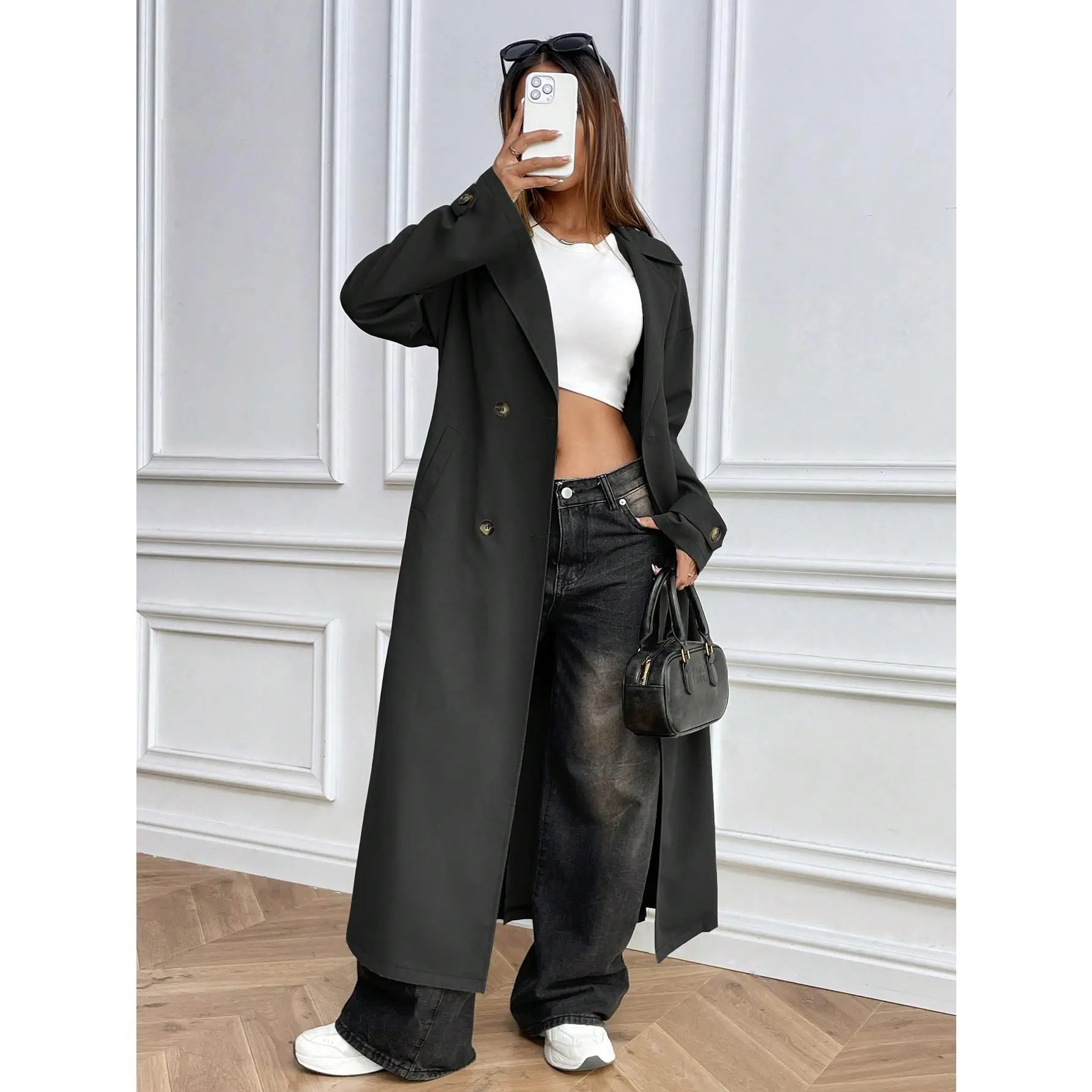 MOOSTA 1pc Women's Casual Solid-Color Double-Breasted Long Trench Coat, Autumn