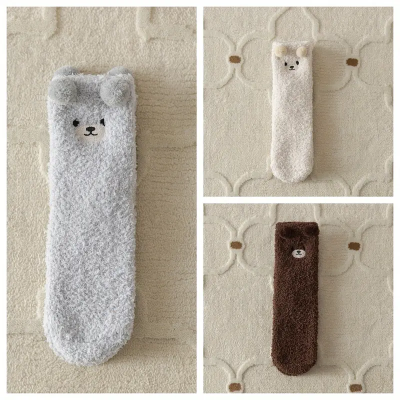 1/3/6 Pairs 3D Cute Bear Socks, Warm Coral Fleece Floor Slipper Socks For Fall & Winer, Women's Stockings & Hosiery 5