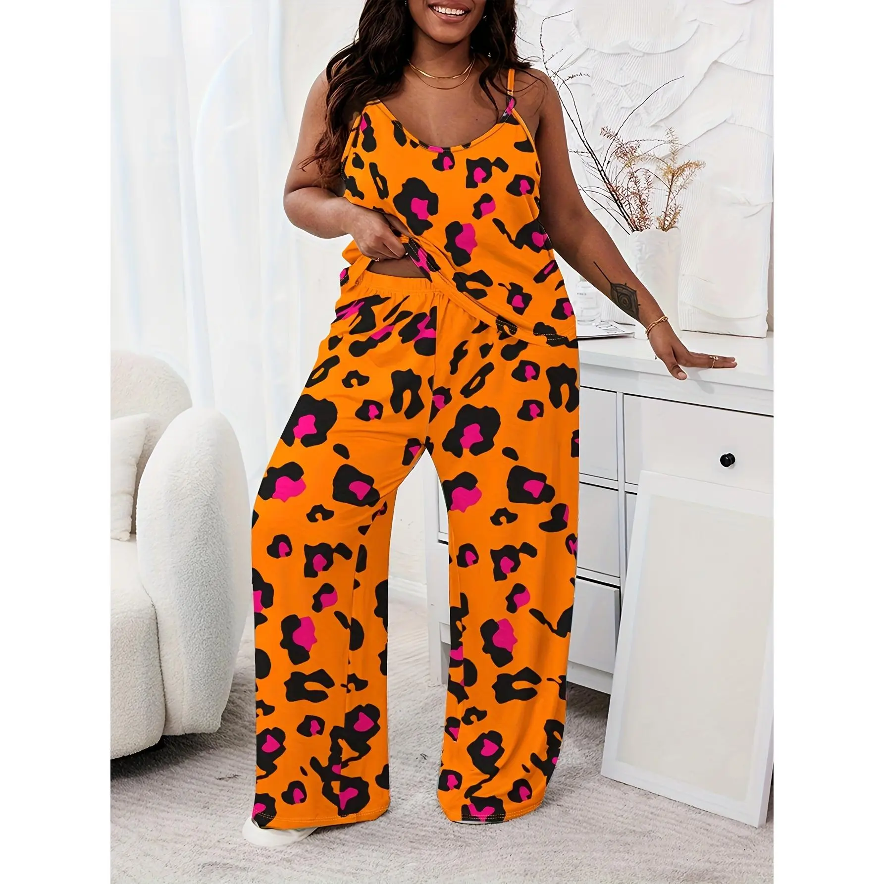 RISELDAJOR   Women's Plus Size Allover Print Cami Top and Pants Loungewear Set, Casual Round Neck Pajama for Comfortable Lounging