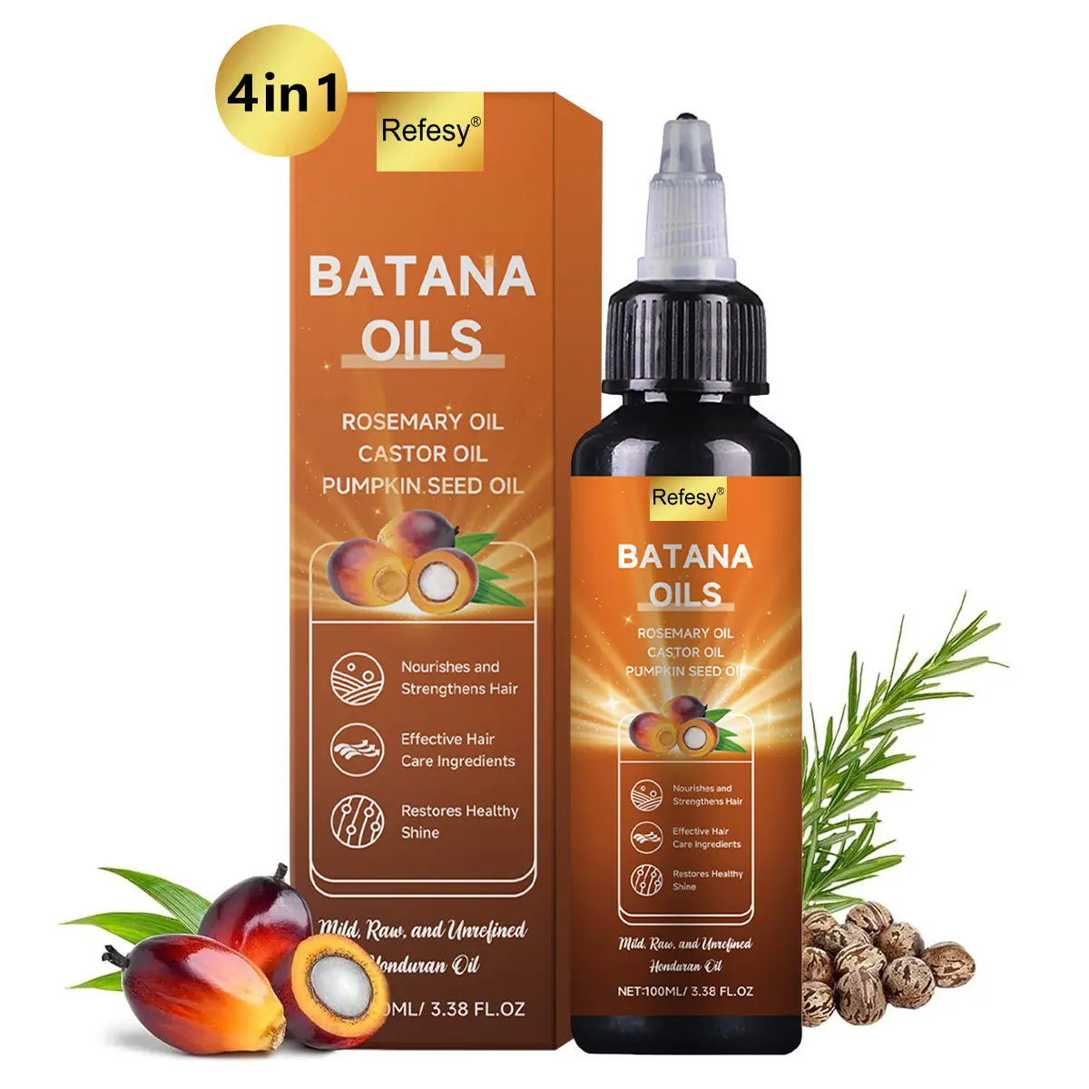 [+£3 For 2 Pcs] Batana Oil for Hair Growth , 4-in-1 Pure & Unrefined Honduran Oil with Rosemary, Castor, Pumpkin Seed Oil, Nourishes, Strengthens, Organic Oil for Hair & Scalp Care (New and old packaging will be shipped at random)