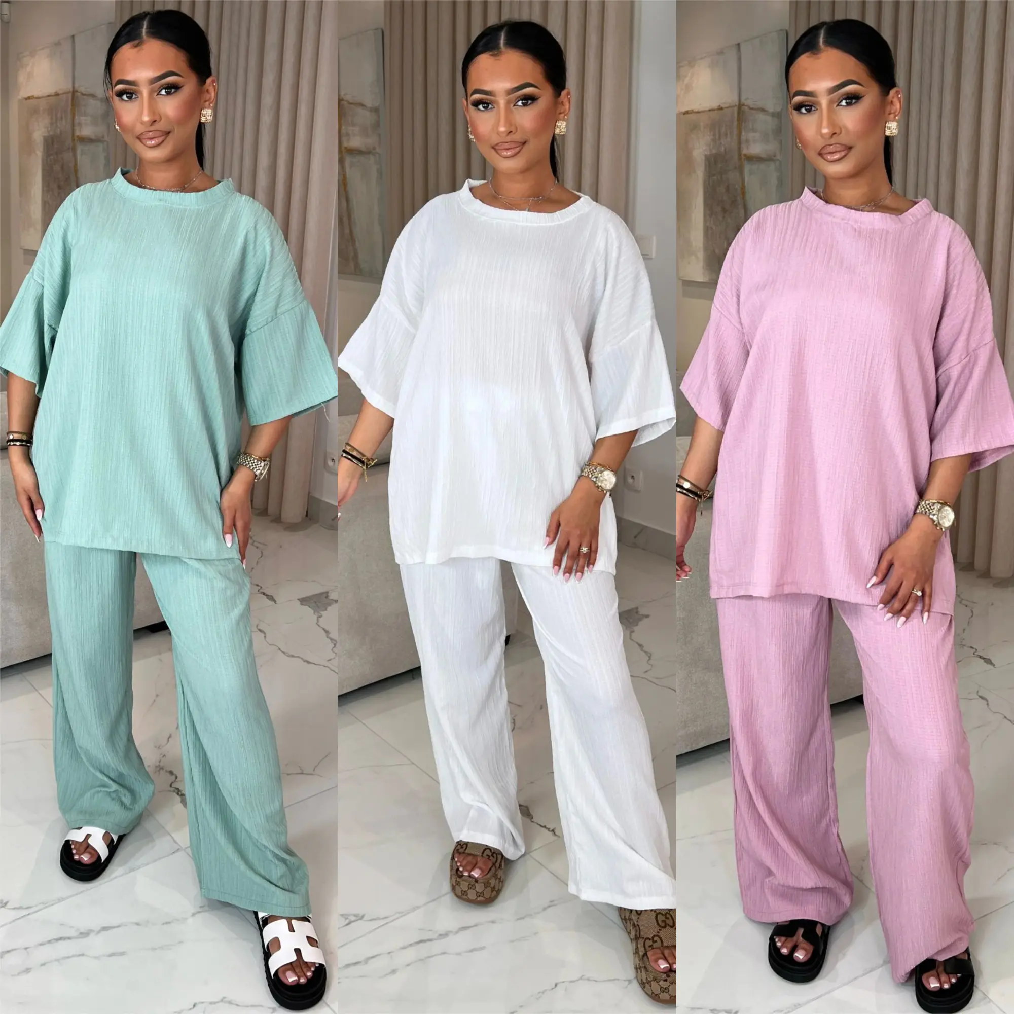 Ladies Textured Cheesecloth Two Piece Co-Ord Set Womens Waffle Crew Neck Oversized T-Shirt Top Wide Leg Trousers Pants Summer Holiday Chic Elegance Party Womenswear Overalls Comfort Flowy Suits