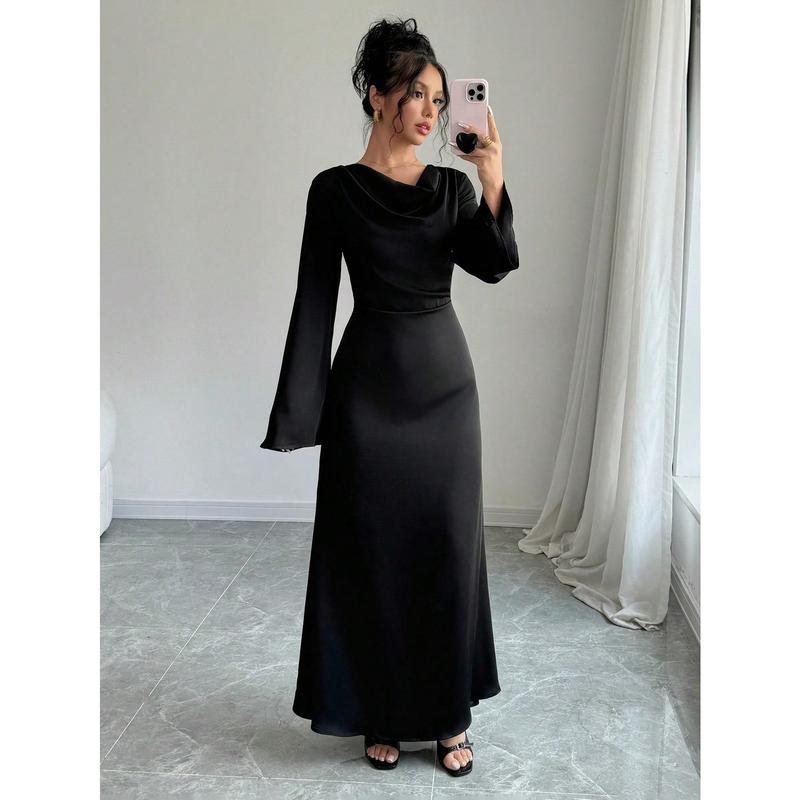 PETITE 1pc Women's Satin Solid Color Long Flare Sleeves & Back Tie Elegant & Romantic Mermaid Hem Dress, Petite 5