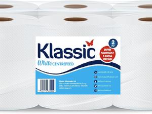 Klassic White Centrefeed Roll - 2 ply Laminated Embossed Strong Wiping Tissue Cleaning Roll Home and Office - 300 sheets per Roll, Sheet width 165mm - 6 Rolls