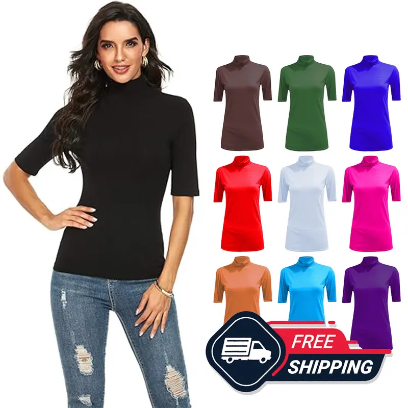 EFTINAN Ladies Womens Short Sleeve Polo Neck Top Plain Stretch Turtle Neck Shirt UK 8-26 turtleneck white tops 0