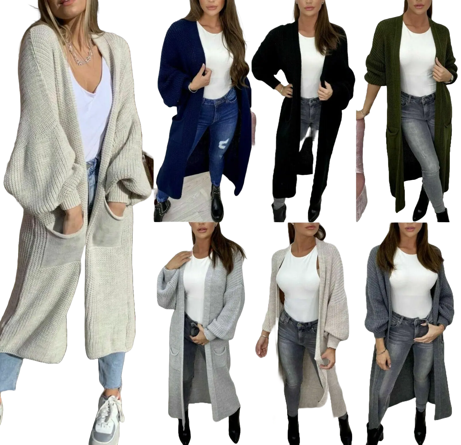 Women Chunky Knitted Oversized Cardigan Ladies Balloon Sleeve Long Maxi Cardigan Long Sleeve Fit Knitwear Womenswear Casual Comfortable Medium Style Tops Underwear Lady Knitting Basic Longsleeves Minimalist