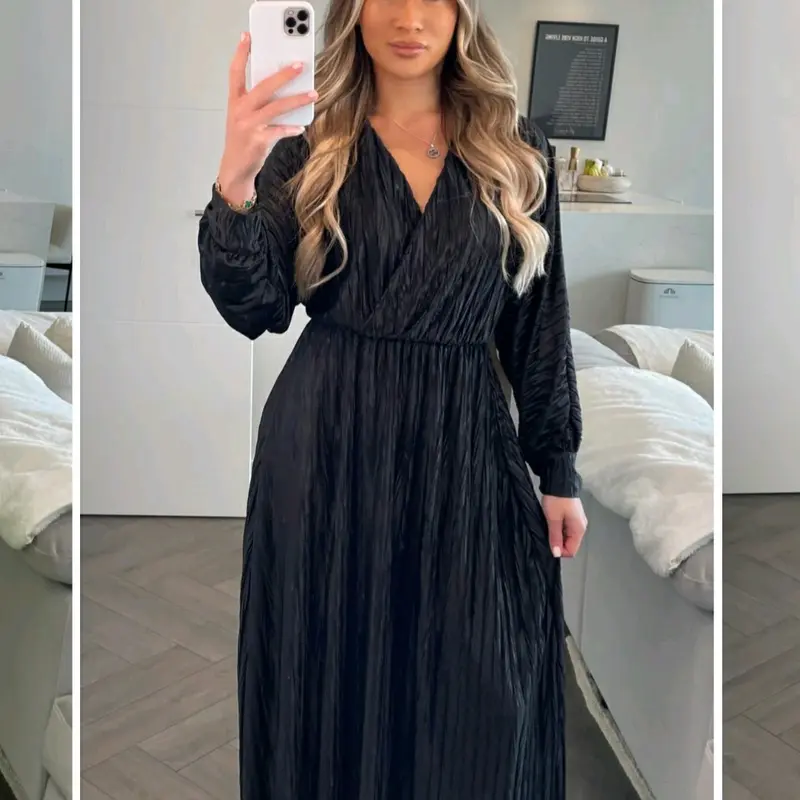Mina Crinkled  V-Neck Maxi Dress Chic Casual Elegant 0