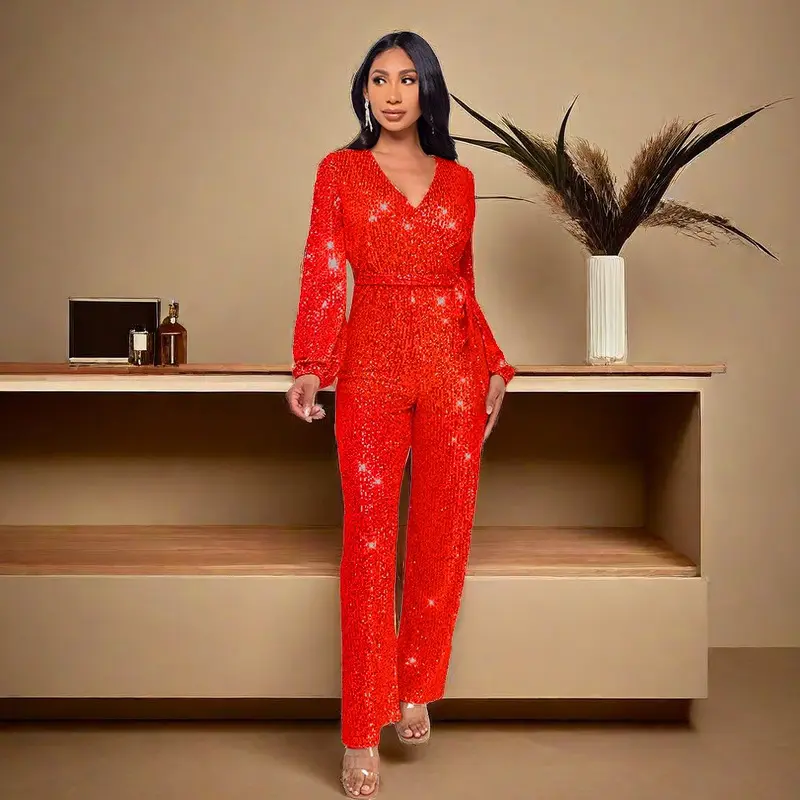 European and American Women's Fashion Elegant Long Sleeve Belted Jumpsuit Amazon Cross-border Fashion Deep V Sequin Jumpsuit for Women Womenswear Overalls Basic Comfort Minimalist Red lace  cami  tops  layered