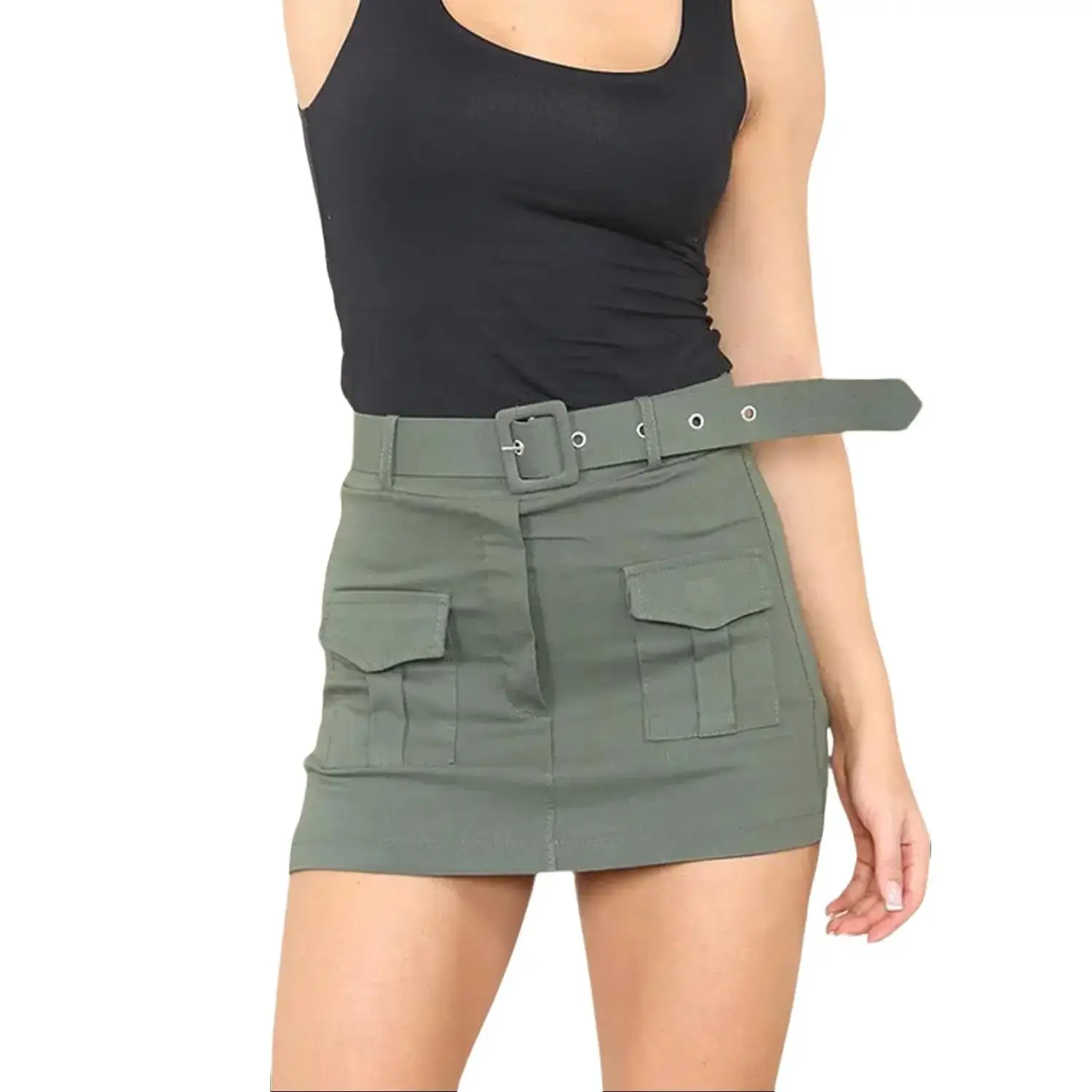 Women's Cargo Pocket Mini Skirt - Ladies Bukle Belted Elastic Waist Summer Viral Skort Basic Casual Soft Womenswear
