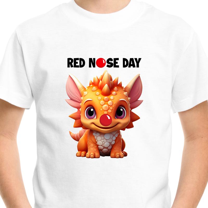 Red Nose Dinosaur T-shirt Dino School Children Kids Boys Girls Unisex Tee Top tshirt White Printed Regular 5