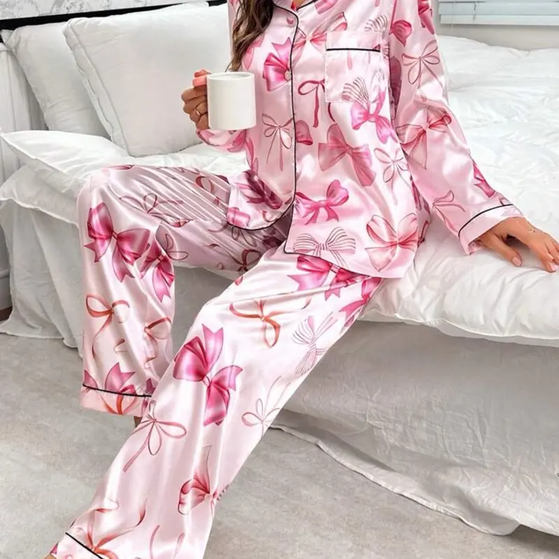 Bow-Knot Faux Silk Pajama Set with Shawl Collar and Long Sleeves for Women - Nightwear, Loungewear Womenswear Homewear Pjs Comfort Pyjamas Comfortable Soft Feminine Fit Floral Longsleeves 4
