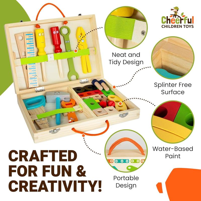 Cheerful Children Toys High-Grade Kids Tool Set - 36 Pcs Wooden Tool Set for Kids 3-7 - Include Portable Tool Box & Adjustable Apron - DIY Gift for Young Builders - Play Tools for Creativity & Fun 3
