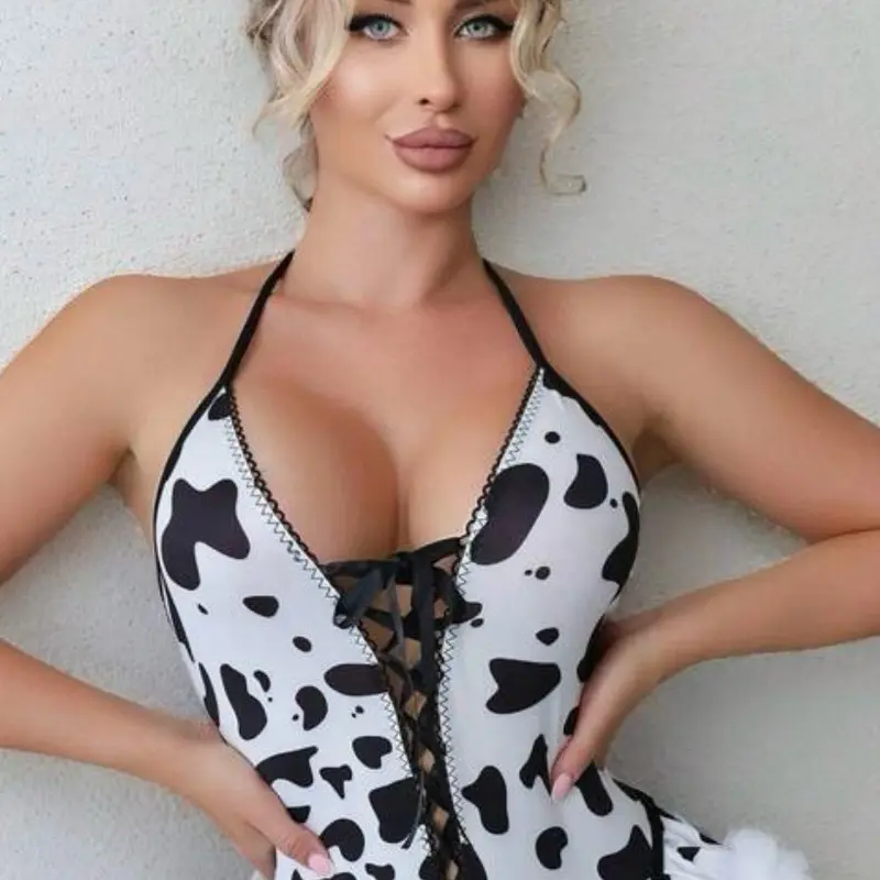 3pcs Cow  Print Ruffle Romper With Garter Belt And Thigh High Stockings, Halloween Costume