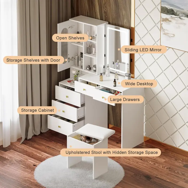 Joolihome Modern Dressing Table Set with Sliding Mirror, 5 Shelves & 5 Drawers, Adjustable 3 colors Light and Soft Stool for Bedroom 3