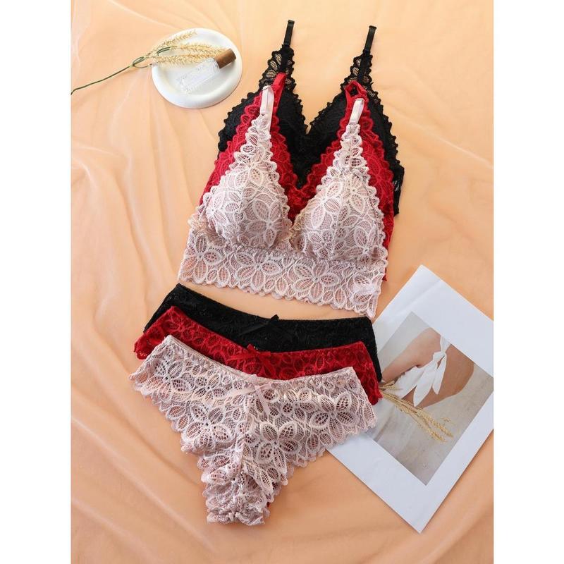 Women's Simple Contrast Lace Wireless Bra & Bow Panty Set, Lady Adjustable Spaghetti Strap Bralette & Knicker, Comfort Summer Clothes, Lingerie & Underwear Set, Underwear for Women, Co Ords for Women Womenswear Comfortable 1