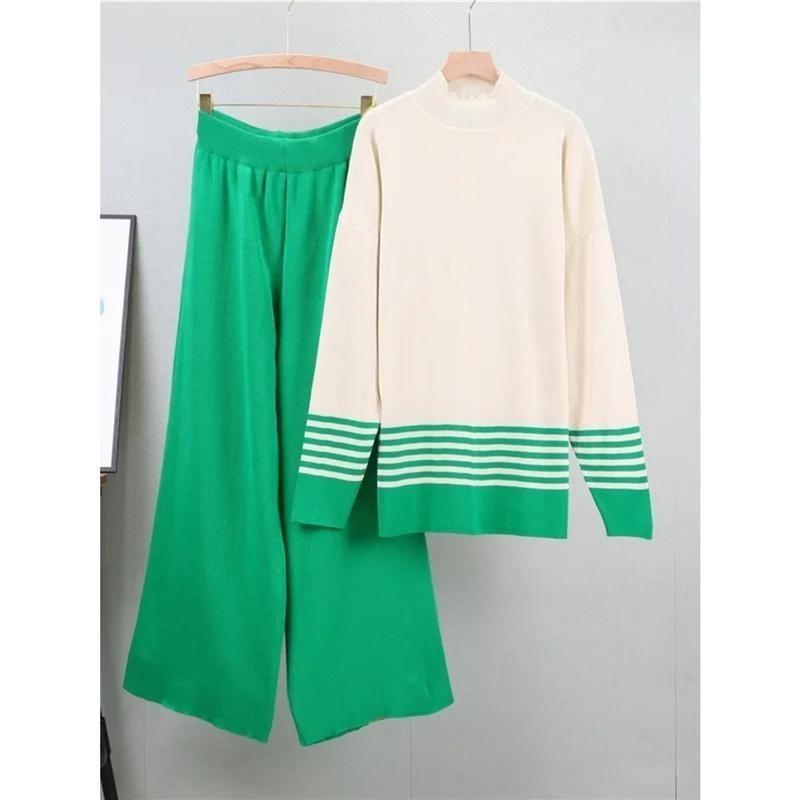 Muslim Knitting Suit Women Two Piece Sets Pullover Striped Sweater Knitted Wide Leg Pants Outfits Casual Knitwear Ensemble 2024 2