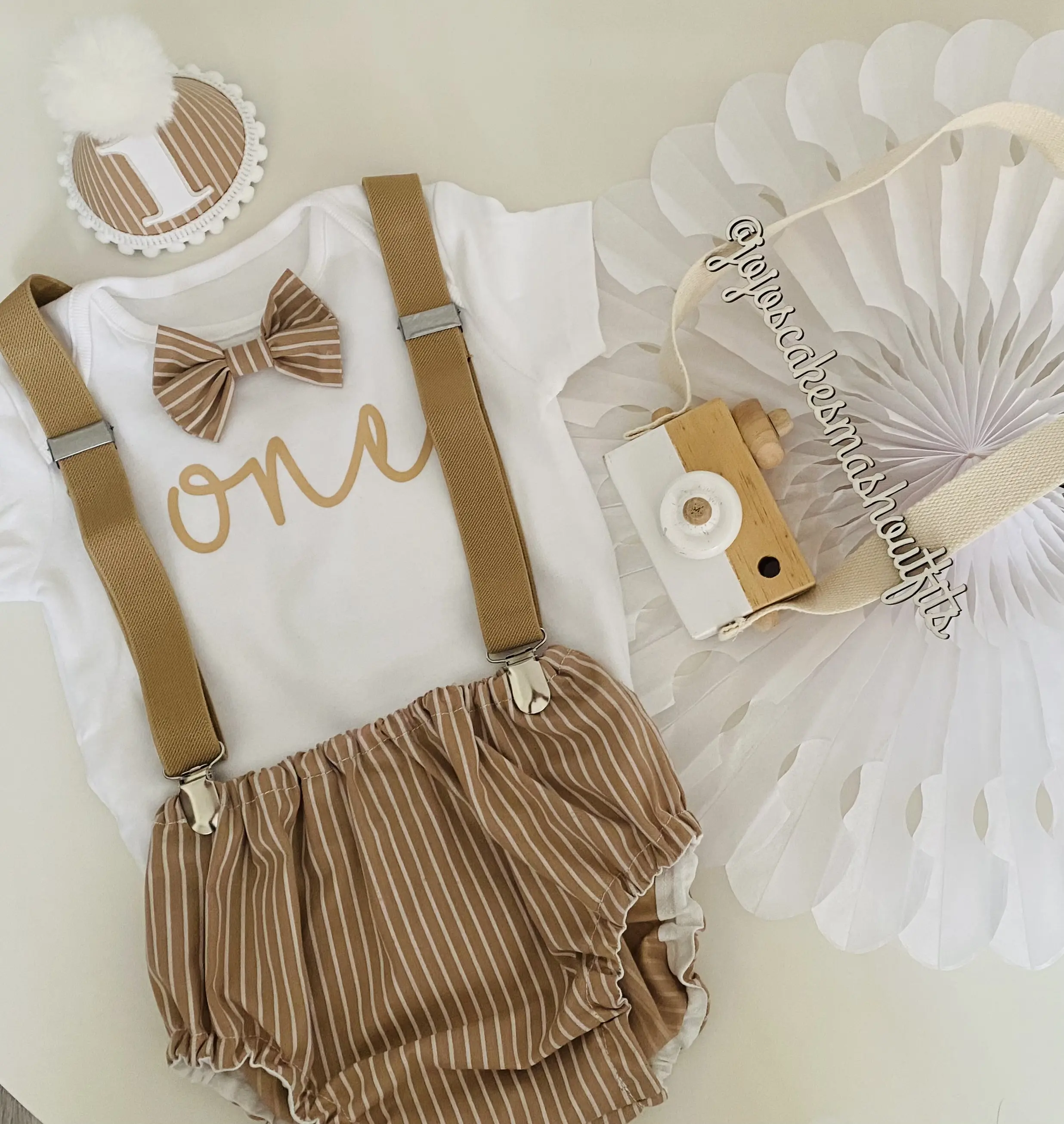 Baby boys Beige and white Cake Smash Outfit. 1st Birthday Gift