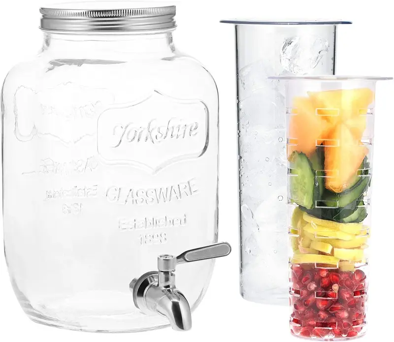 8L Glass Vintage Beverage Drinks Dispenser on Metal Stand Cocktail Jar with Tap  Mason Jar Serving Transparent Classic Drinkware Jug Bottle Set Pour Tin 6