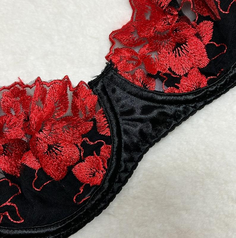 Liliosa Lingerie Elegant Floral Embroidery Silky Satin Red & Black Sexy Lingerie Set (Clasp Bra+Adjustable Panty), Adjustable Spaghetti Straps, Elegance Bralettes Bra Comfort Thin Thong , Comfortable  Contrast Mesh Sheer Womenswear Underwear Fabric Fit 3