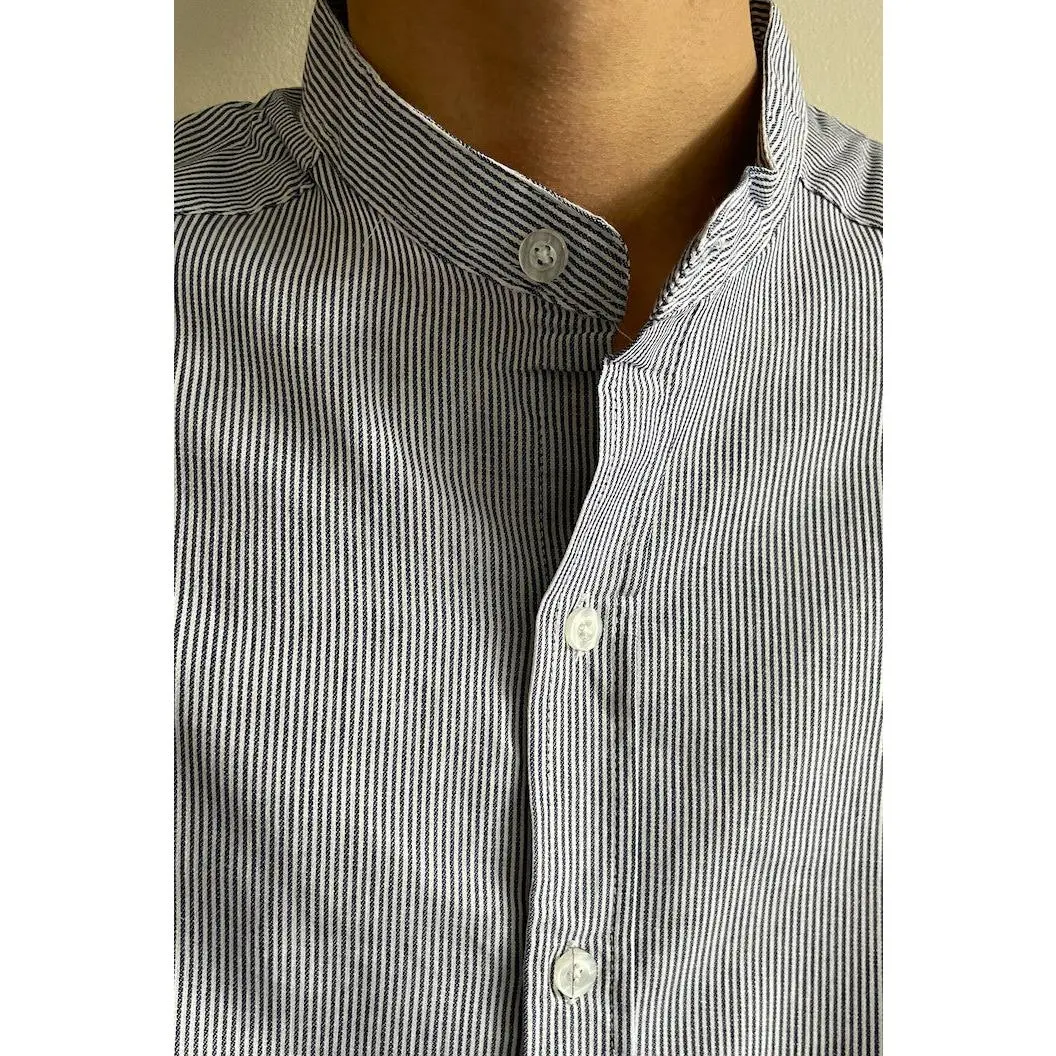 Mens Grandad Collar Long sleeve blue Pinstriped 100% Cotton Casual Shirt