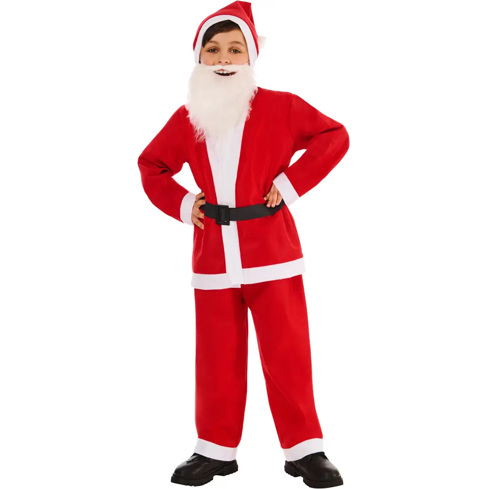Children’s Santa Claus Costume with Santa Hat, Beard, Top, Trouser & Belt for Kids 5-Piece Father Christmas Xmas Fancy Dress Outfit Christmas for Boys and Girls