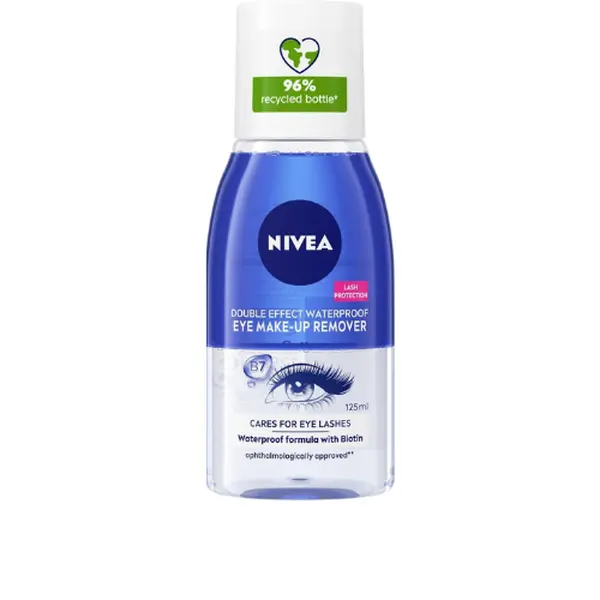 NIVEA Double Effect Waterproof Eye Make-Up Remover (125ml), Daily Use Face Cleanser for Make-Up and Mascara with Cornflower Extract and Biotin Makeup Cosmetic Pack Gentle Nourishing Soothing