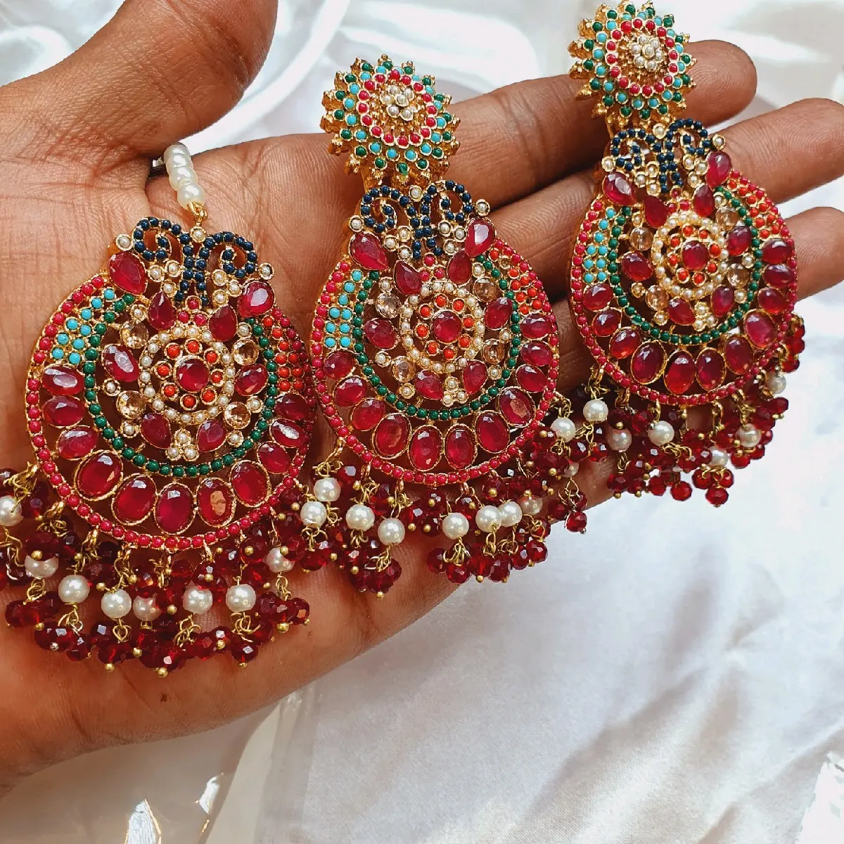 High Quality gold Plated Pakistani Noratan big earrings with tika set...