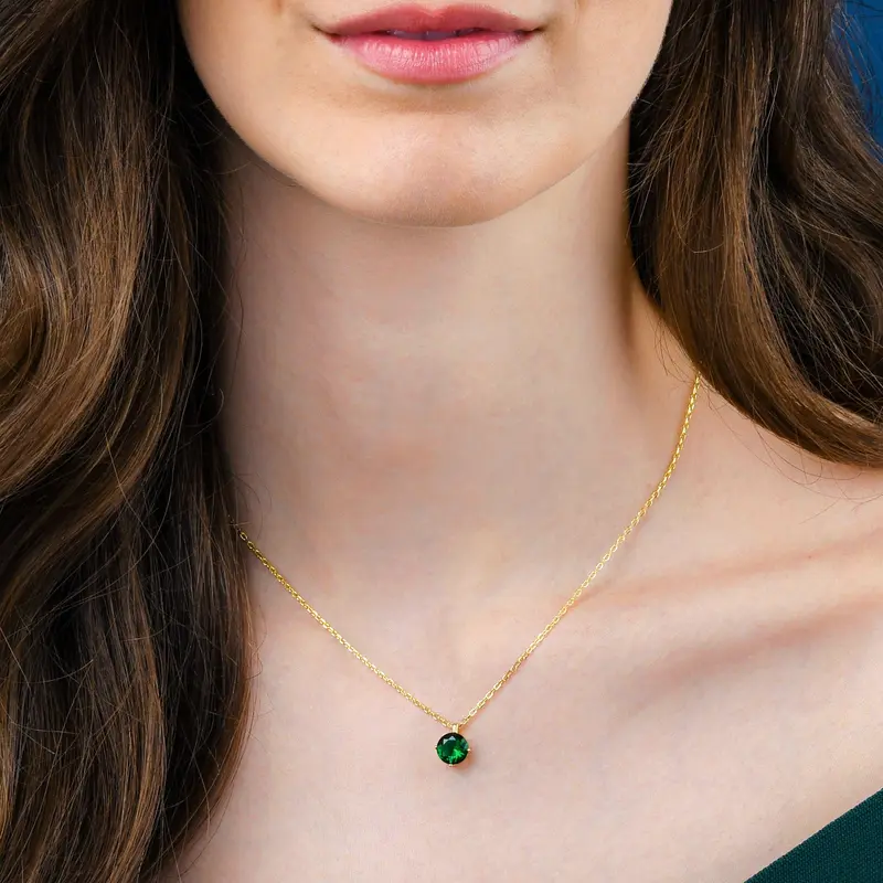 Gold Plated 925 Sterling Silver Round Green Solitaire Pendant Necklace For Women 1