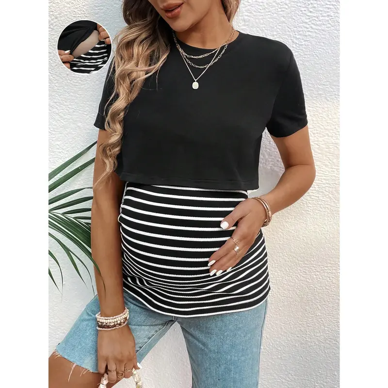 Maternity Striped Short Sleeve Breastfeeding T-Shirt With Color Block Design For Summer 2