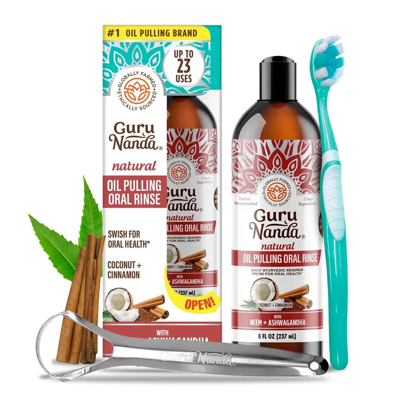 GURUNANDA COCONUT & CINNAMON OIL PULLING WITH NEEM & ASHWAGANDHA - 8 FL OZ (INCLUDES FREE TONGUE SCRAPER AND TOOTHBRUSH) 0
