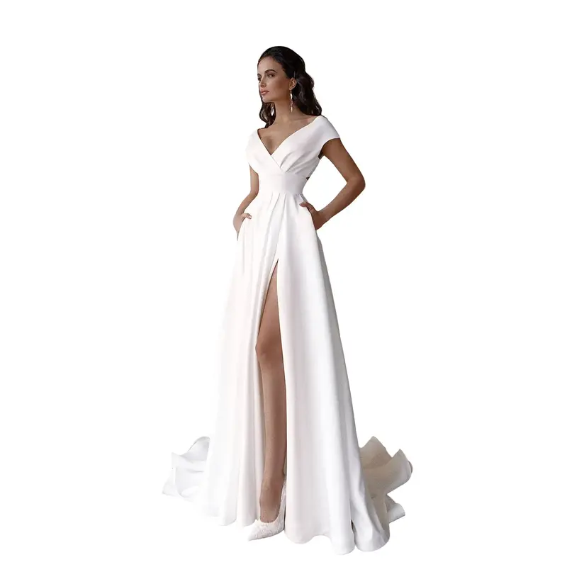 Prom Maxi Dress for Women Wedding Party Cloth V-neck Solid Backless Short Sleeve Mopping Long Skirt Vestidos Woman White Dresses 0