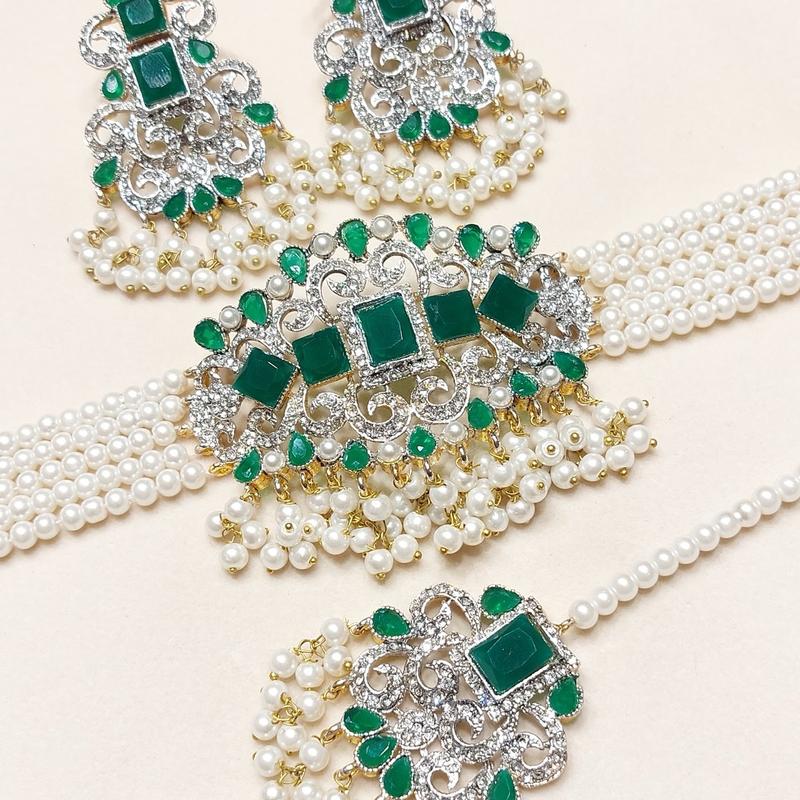 Zircon Choker Set with Real Stone MJB 045 - Bridal Set with Earrings,Tikka, and Pearls Bandhai Necklace 5