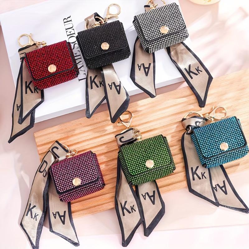 Fashion Mini Coin Purse with Rhinestone Embellishments, PU Material, Keychain Charm with Edge Paint and Scarf Detail 3