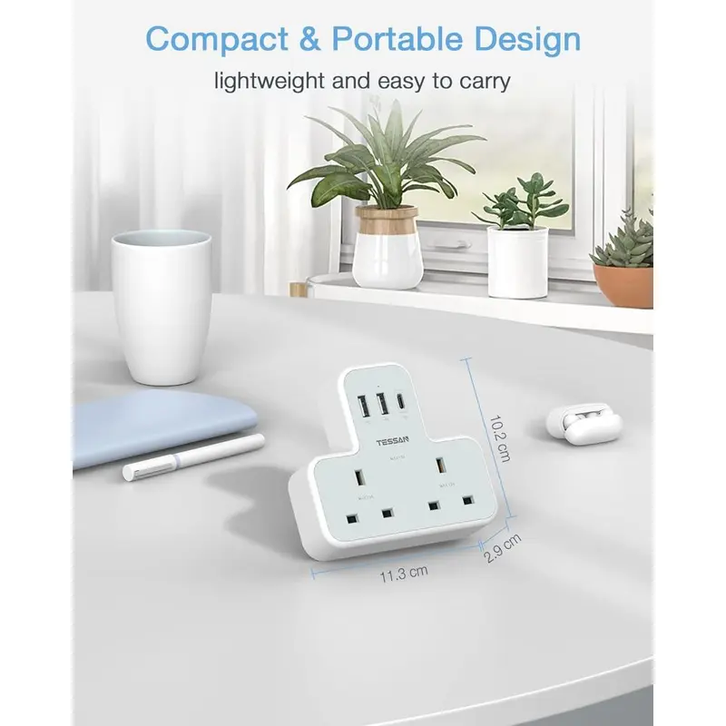 C Charger Plug Adapter UK, TESSAN Double Plug Extension Socket with Fast Charger, Multi USB Charging Station, MultiPlug Extender Compatible for Kitchen, School Supplies 5