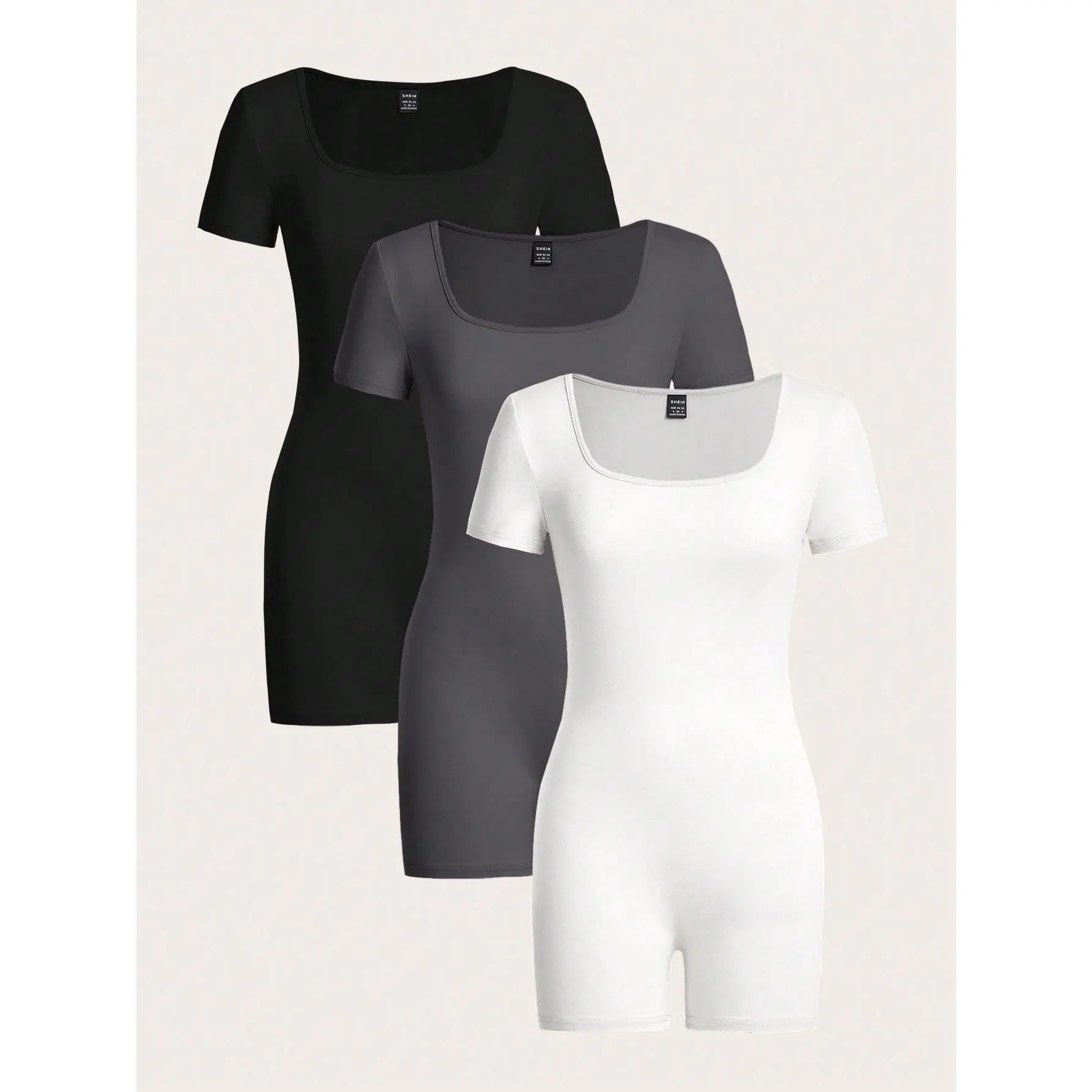 EZwear 3pcs Set Women Casual Square Neck Short Sleeve Romper, Fitted Summer Romper Womenswear Bodysuits Jumpsuits Tops Fabric Basic Minimalist Multicolor Shortsleeve Comfort