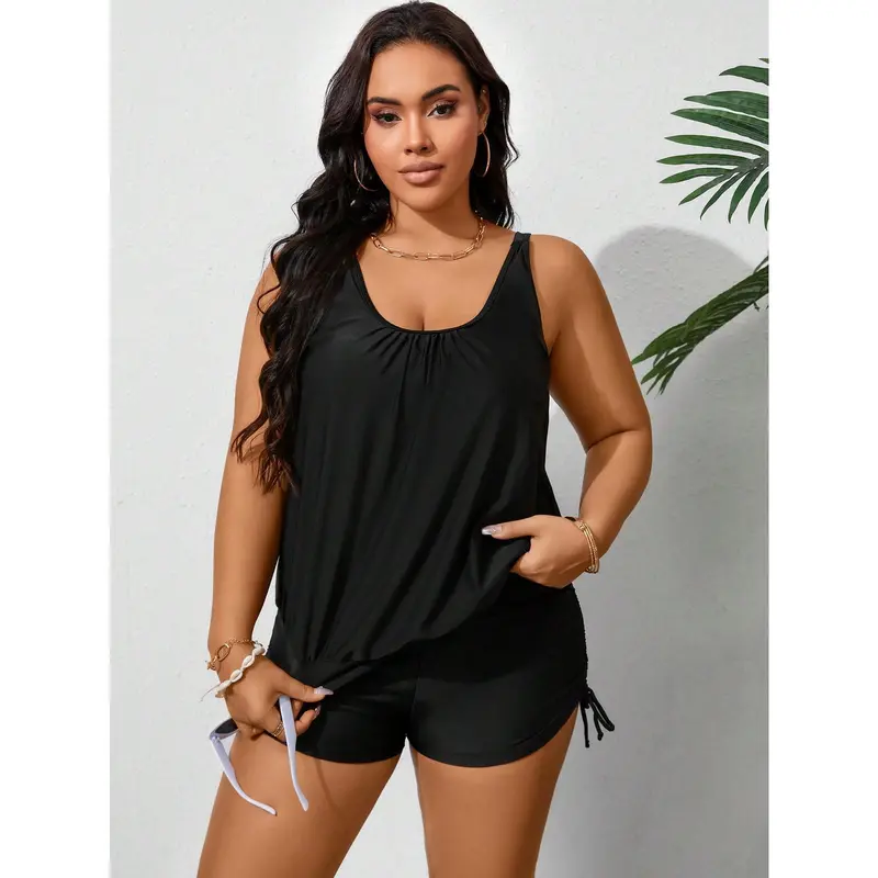 Swim Curve Plus Size Summer Beach Simple Solid Sleeveless Ruched Tankini Set 5