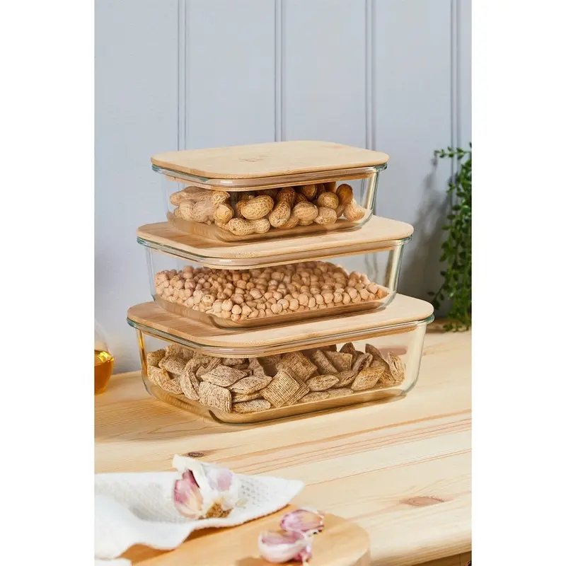 Glass Meal Prep Containers With Bamboo Lids, 3 Pack Dishwasher Microwave Freezer Oven Safe (220 degrees) Reusable Storage Set 1