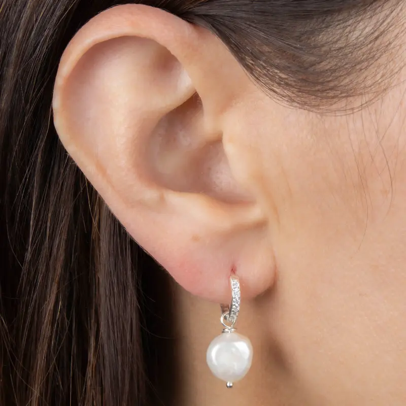 Titania Diamante Huggies With Fresh-water Pearl Charm - Sterling Silver 925 1