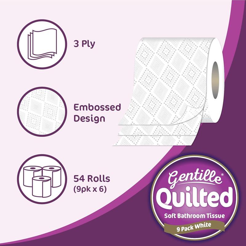 Gentille Quilted Bathroom Tissue | Luxury 3-Ply Toilet Paper  Soft, Strong, Embossed & Sustainable 54 Rolls Bundle Pack Western Wipes Sheets 4