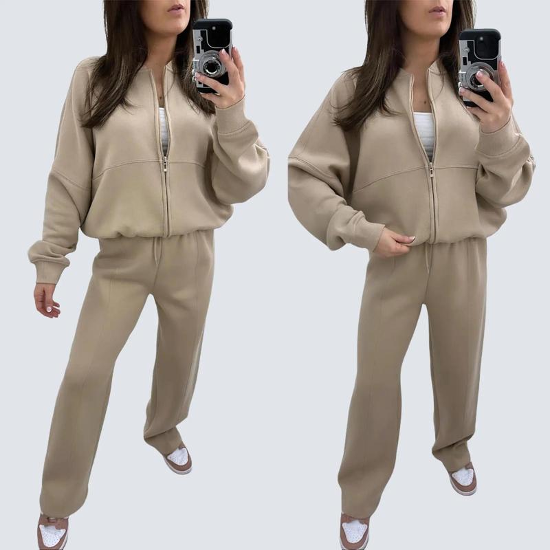 Women's Fleece Lined Oversized Zip Up Bomber Jacket And Pleated Straight Leg Pants Joggers Drawstring Trousers Two Piece Co-Ord Lounge Jogging Tracksuit Set Ladies Oversize Comfy Loungewear Womenswear Everyday Overall 6