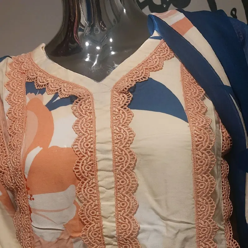 Asian Style 3pc women causal wear. boski lenen fabric and shifoon dupata ivory colour with navy blue dupata. beautiful lace work on shirt and trousers. 3