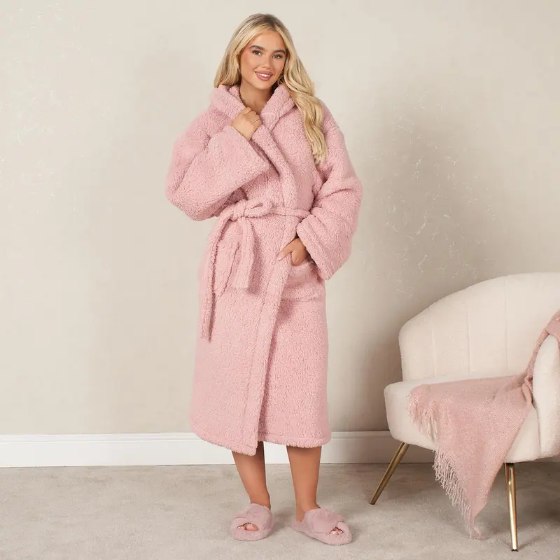 [Summer Sale] Teddy Fleece Long Dressing Gown Warm House Coat Hooded 5